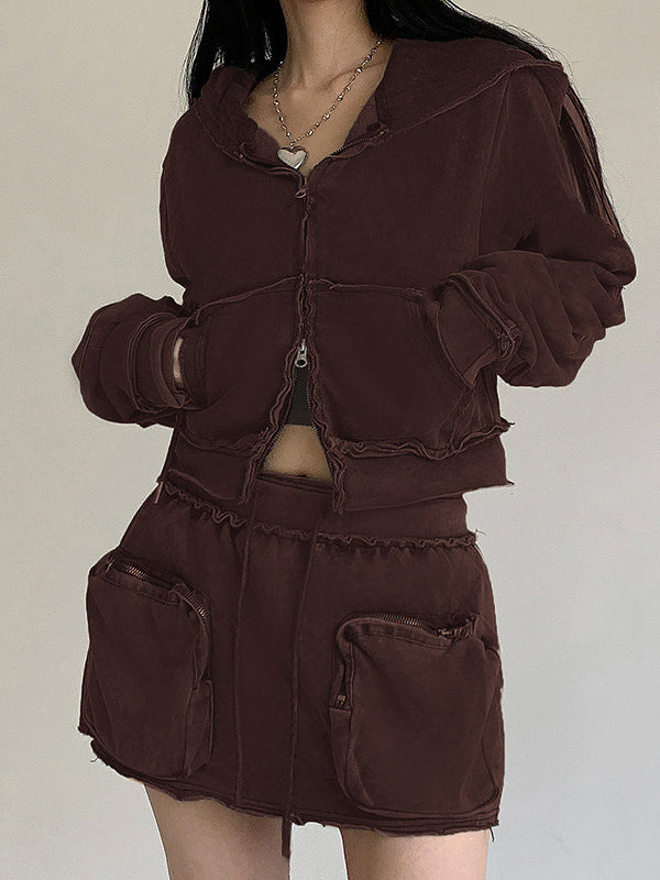 Plain Hooded Zipper Two Piece Set -- YKIIY  CLOTHING