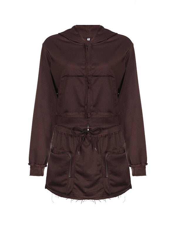 Plain Hooded Zipper Two Piece Set -- YKIIY  CLOTHING