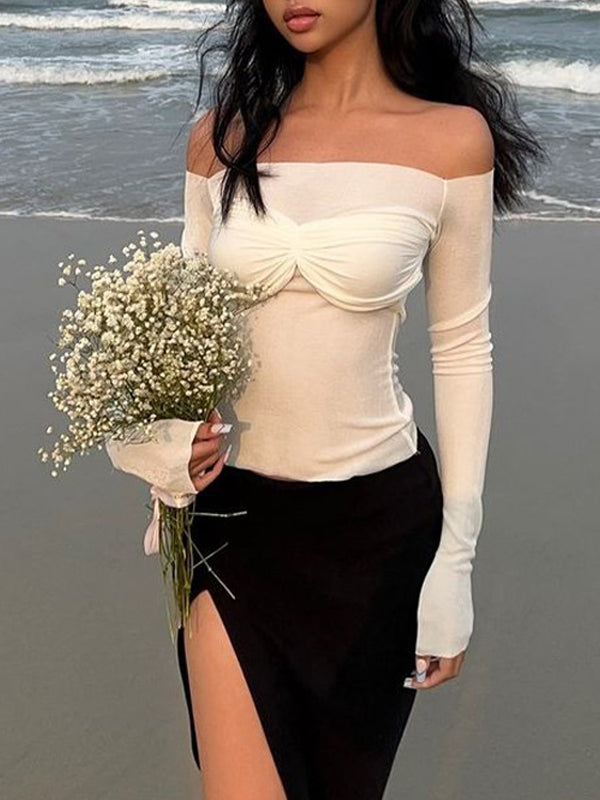 Plain Off Shoulder See Through T-Shirt -- YKIIY  CLOTHING