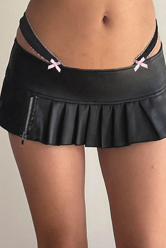 Plain Bow Zipper Pleated Bodice PU MIni Skirt