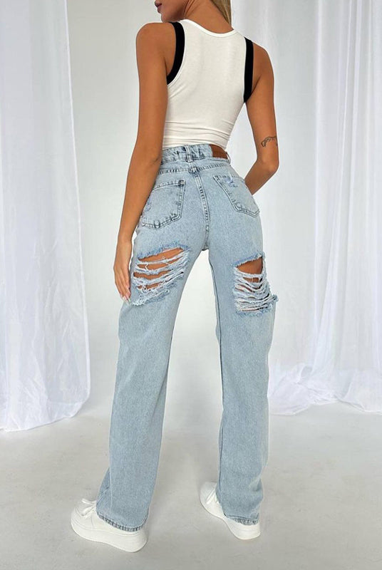 Plain Zipper Broken Holes Jeans(Pre-Sale)