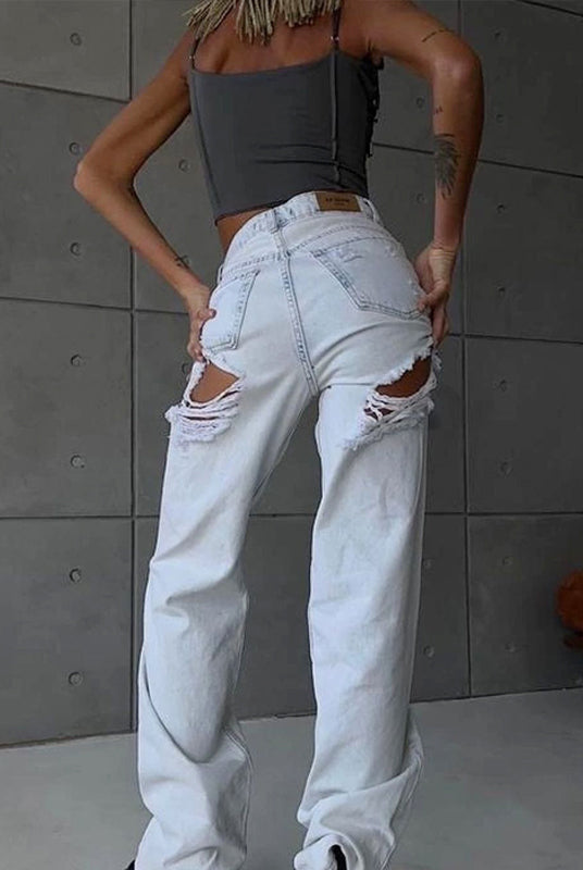 Plain Zipper Broken Holes Jeans(Pre-Sale)