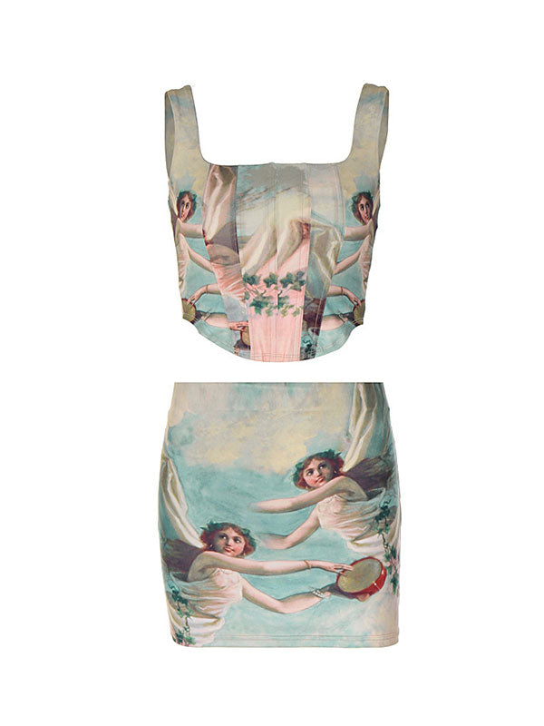 Portrait Print Slim Fishbone Tank Top and Skirt Two-Piece Set -- YKIIY  CLOTHING
