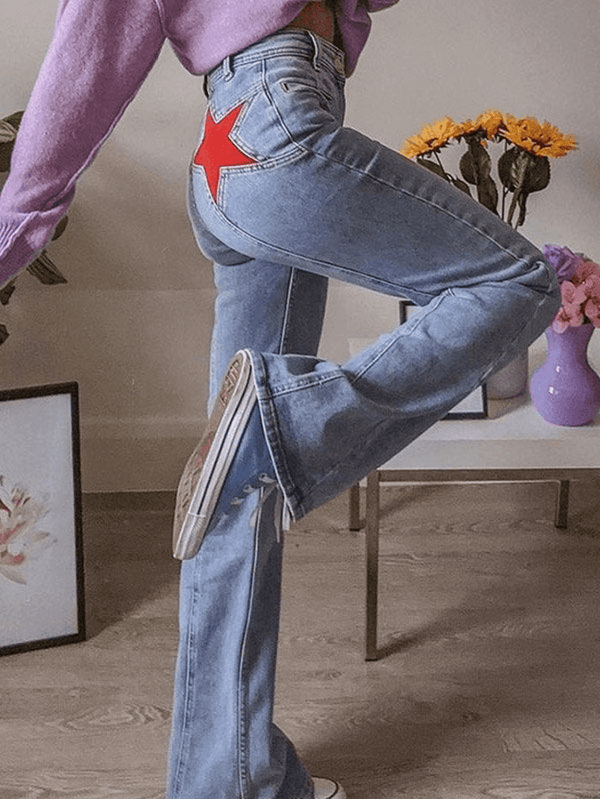 Red Star Patchwork Flare Jeans -- YKIIY  CLOTHING