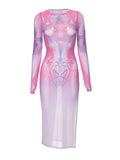 Round Neck Cartoon Gradient Midi Dress -- YKIIY  CLOTHING
