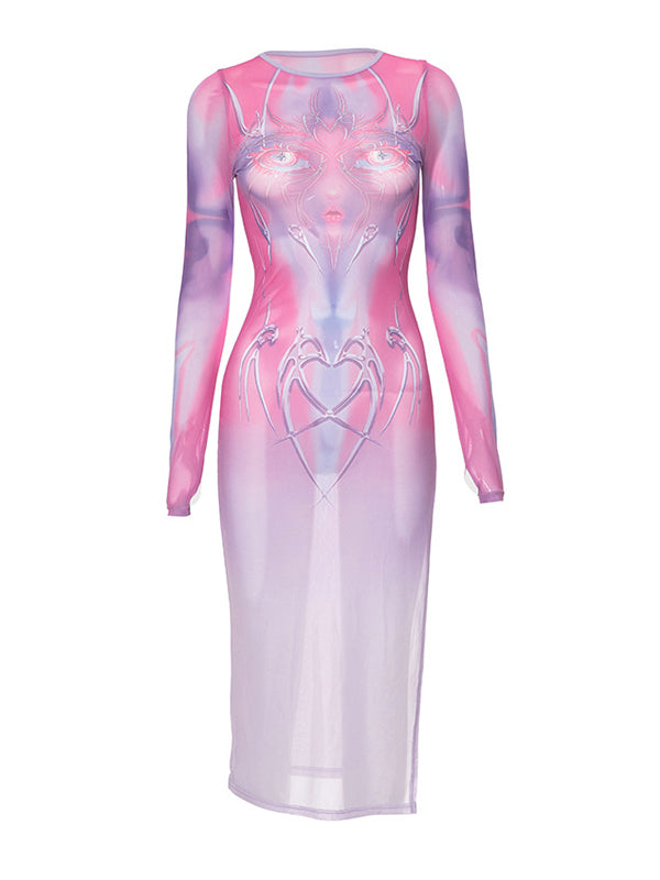 Round Neck Cartoon Gradient Midi Dress -- YKIIY  CLOTHING