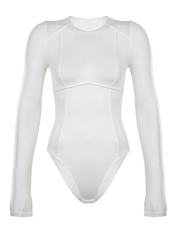 Round Neck Solid Patchwork Bodysuit -- YKIIY  CLOTHING