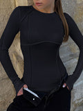 Round Neck Solid Patchwork Bodysuit -- YKIIY  CLOTHING