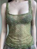 See Through Square Neck Ditsy Floral Camis -- YKIIY  CLOTHING