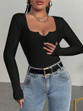 Solid U Collar Slim Long Sleeve T-Shirt -- YKIIY  CLOTHING