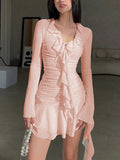 Solid V Neck Cascading Ruffles Dress -- YKIIY  CLOTHING