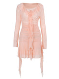 Solid V Neck Cascading Ruffles Dress -- YKIIY  CLOTHING