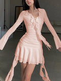 Solid V Neck Cascading Ruffles Dress -- YKIIY  CLOTHING
