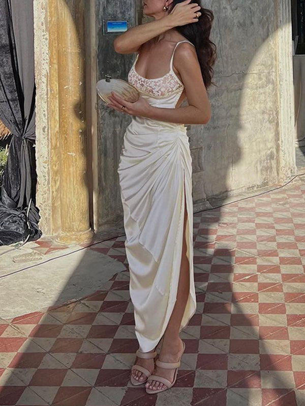 Spaghetti Strap Lace Side Slit Maxi Dress -- YKIIY  CLOTHING