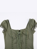 Square Neck Tie Retro Sleeve Top -- YKIIY  CLOTHING