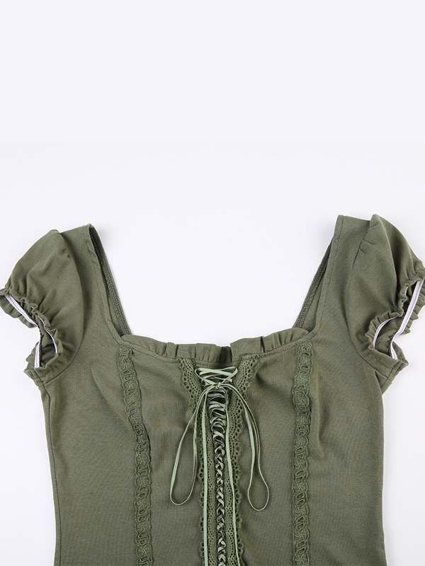 Square Neck Tie Retro Sleeve Top -- YKIIY  CLOTHING
