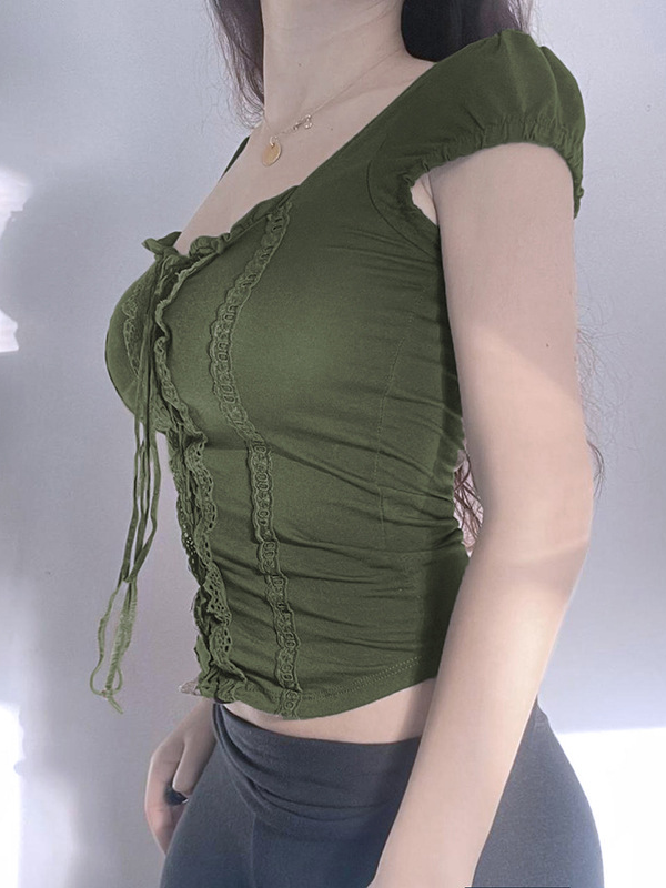 Square Neck Tie Retro Sleeve Top -- YKIIY  CLOTHING
