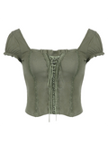 Square Neck Tie Retro Sleeve Top -- YKIIY  CLOTHING
