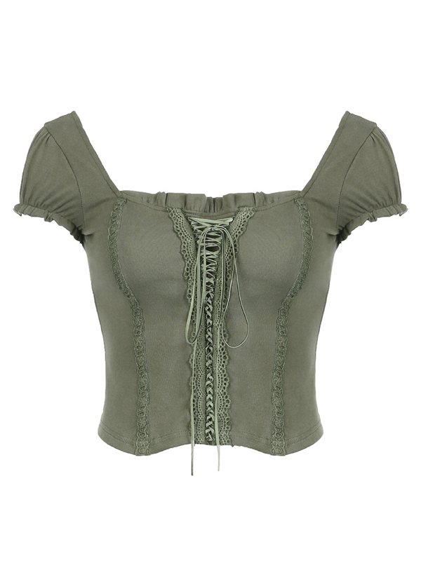 Square Neck Tie Retro Sleeve Top -- YKIIY  CLOTHING