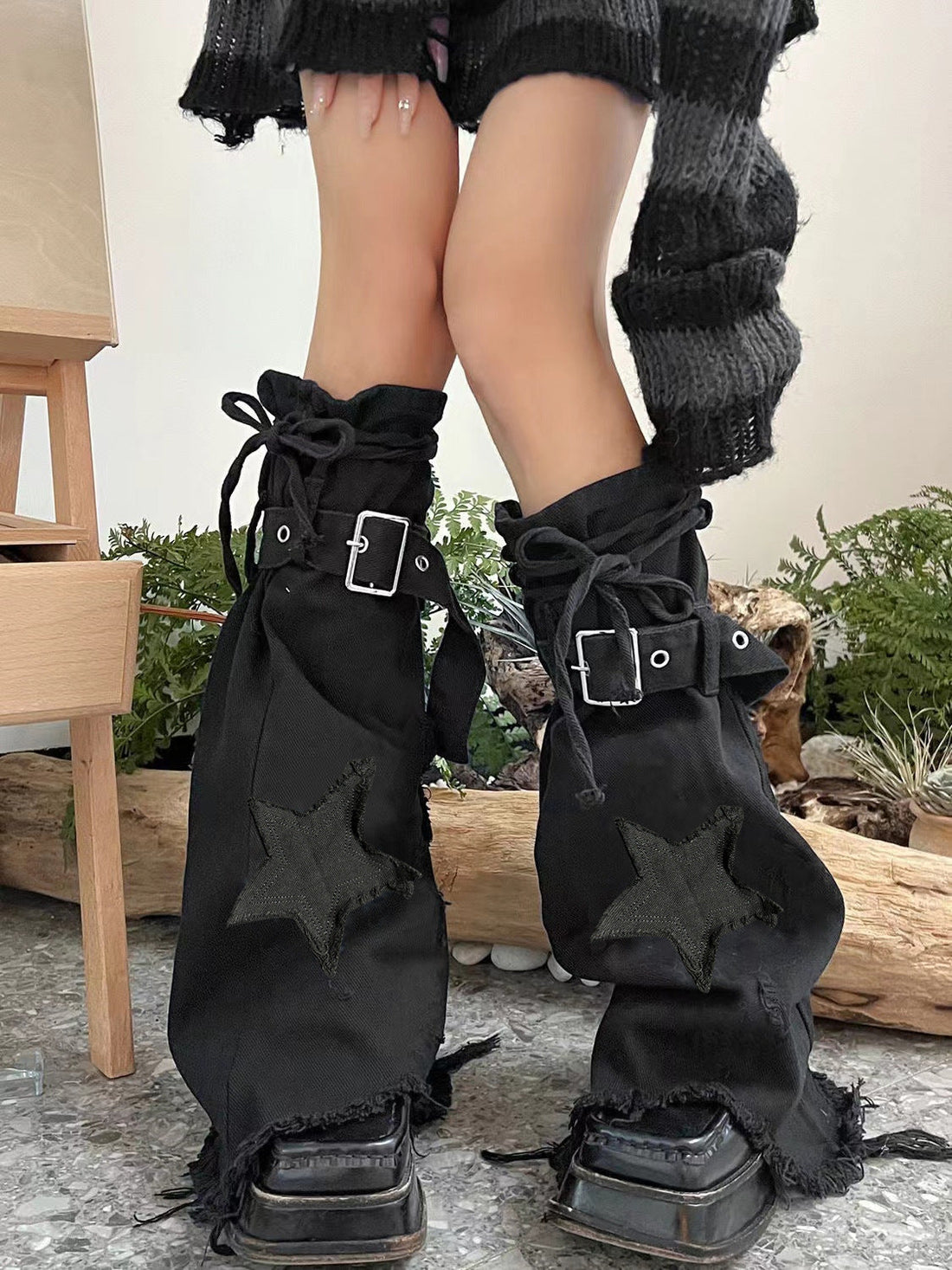 Star Embroidered Lace-up Bandage Denim Retro Leg Warmer -- YKIIY  CLOTHING