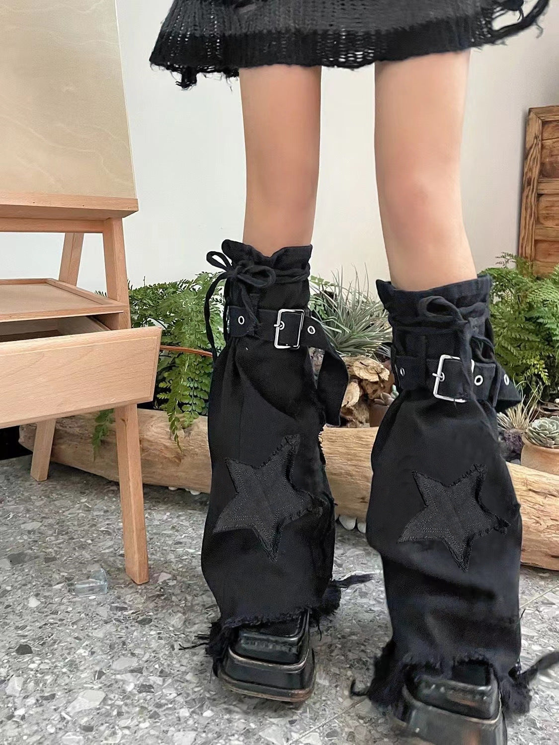 Star Embroidered Lace-up Bandage Denim Retro Leg Warmer -- YKIIY  CLOTHING