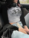 Star Number Print Color Block Long Sleeve Crop T-Shirt -- YKIIY  CLOTHING