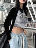 Star Number Print Color Block Long Sleeve Crop T-Shirt -- YKIIY  CLOTHING