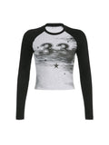 Star Number Print Color Block Long Sleeve Crop T-Shirt -- YKIIY  CLOTHING