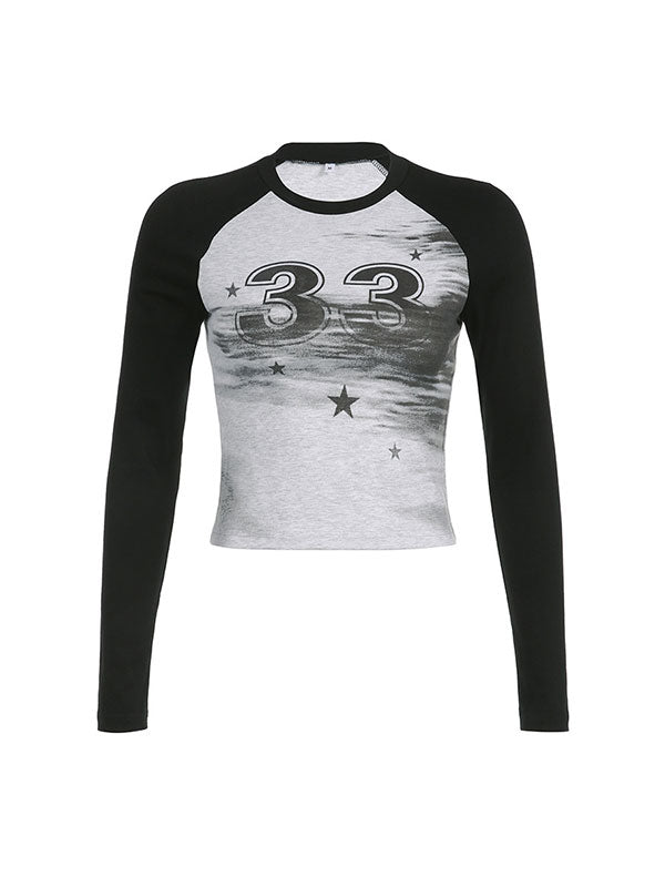 Star Number Print Color Block Long Sleeve Crop T-Shirt -- YKIIY  CLOTHING