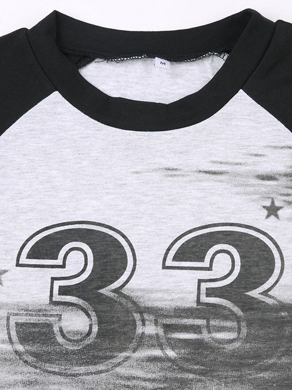 Star Number Print Color Block Long Sleeve Crop T-Shirt -- YKIIY  CLOTHING