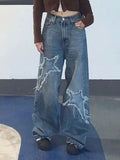 Star Patch Distressed Blue Boyfriend Jeans -- YKIIY  CLOTHING