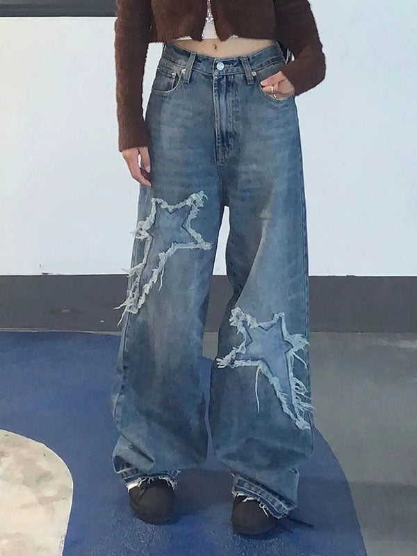 Star Patch Distressed Blue Boyfriend Jeans -- YKIIY  CLOTHING
