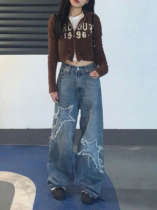 Star Patch Distressed Blue Boyfriend Jeans -- YKIIY  CLOTHING