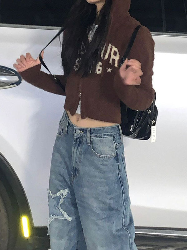 Star Patch Distressed Blue Boyfriend Jeans -- YKIIY  CLOTHING