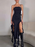 Strapless Irregular Ruffles Bandeau Plain Maxi Dress -- YKIIY  CLOTHING