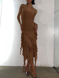 Strapless Irregular Ruffles Bandeau Plain Maxi Dress -- YKIIY  CLOTHING