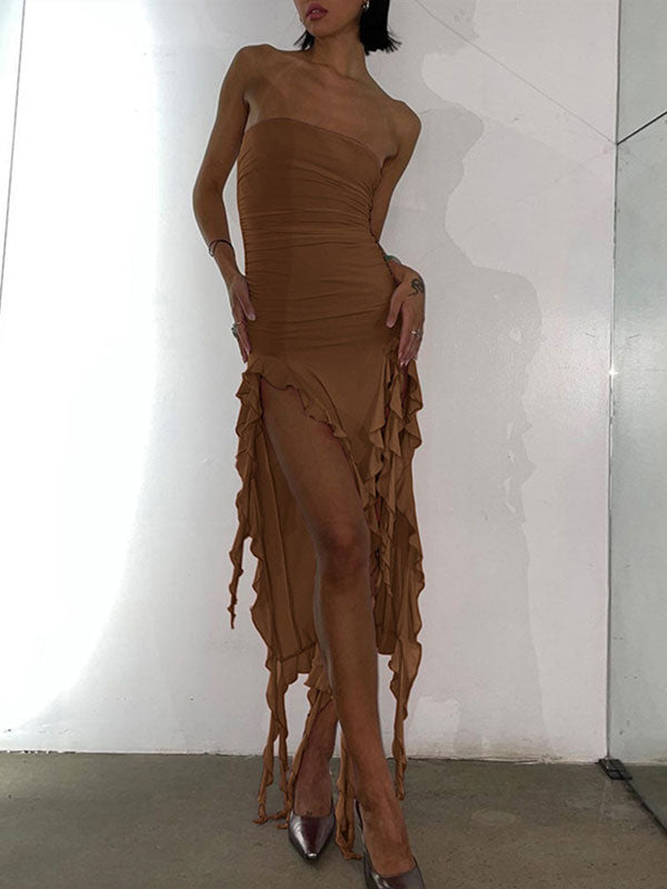 Strapless Irregular Ruffles Bandeau Plain Maxi Dress -- YKIIY  CLOTHING