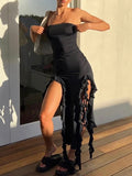 Strapless Irregular Ruffles Bandeau Plain Maxi Dress -- YKIIY  CLOTHING