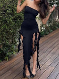 Strapless Irregular Ruffles Bandeau Plain Maxi Dress -- YKIIY  CLOTHING