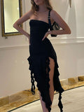 Strapless Irregular Ruffles Bandeau Plain Maxi Dress -- YKIIY  CLOTHING
