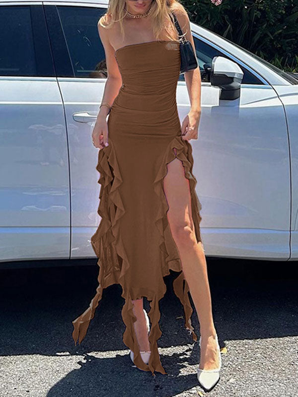 Strapless Irregular Ruffles Bandeau Plain Maxi Dress -- YKIIY  CLOTHING
