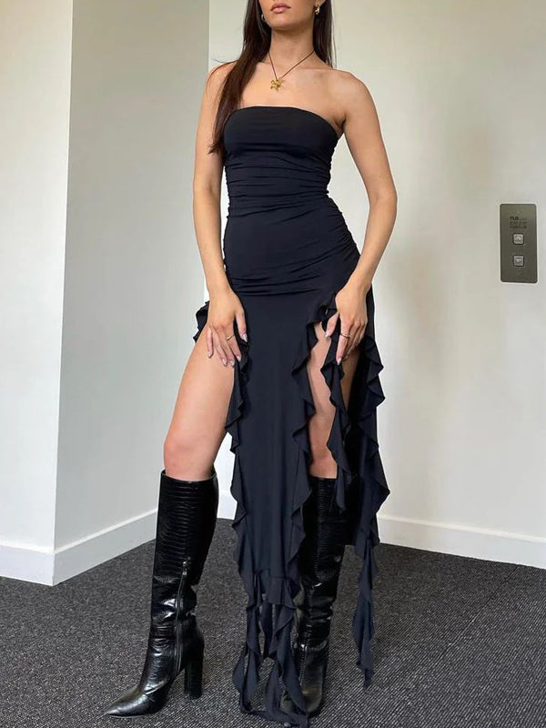Strapless Irregular Ruffles Bandeau Plain Maxi Dress -- YKIIY  CLOTHING