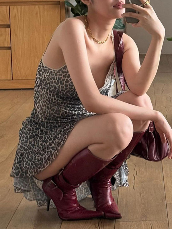 Tiered Leopard Printed Decorative Lace Dress -- YKIIY  CLOTHING