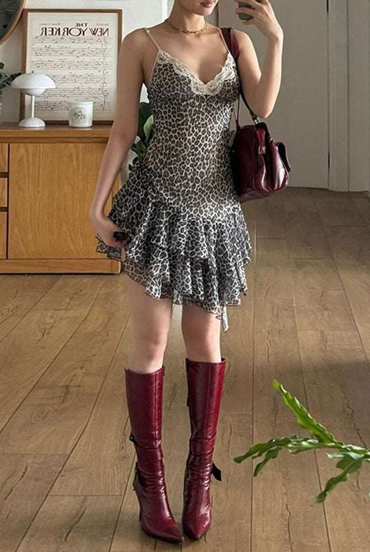 Tiered Leopard Printed Decorative Lace Dress