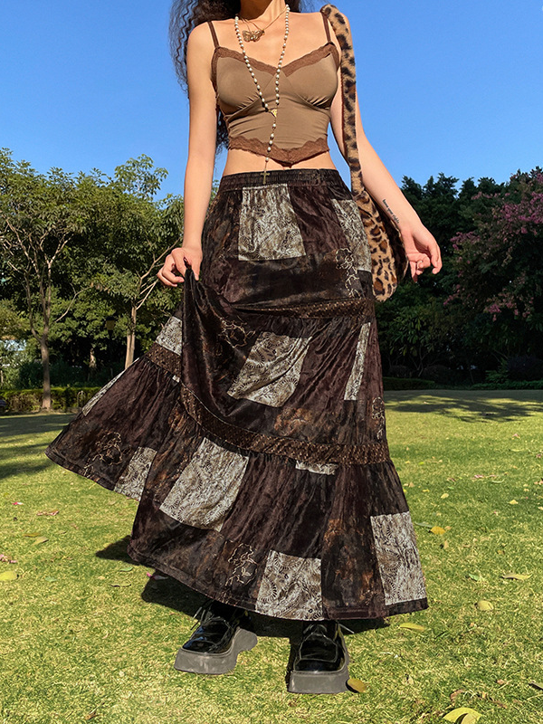 Totem Printed Vintage Velvet Midi Skirt -- YKIIY  CLOTHING