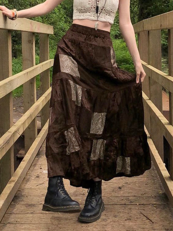 Totem Printed Vintage Velvet Midi Skirt -- YKIIY  CLOTHING