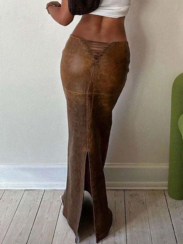Vintage Back Slit Lace Up Bodycon Skirt -- YKIIY  CLOTHING