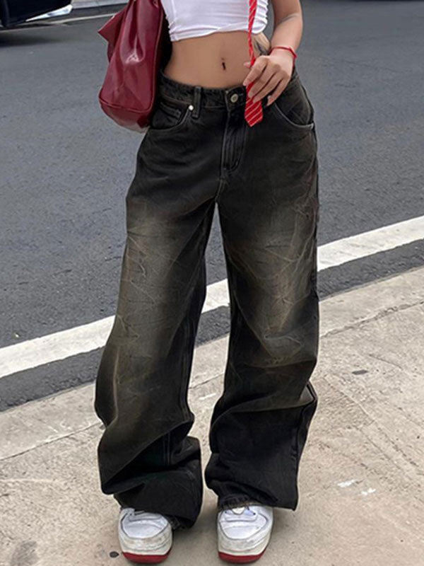 Vintage Gradient Zipper Textured Jeans -- YKIIY  CLOTHING
