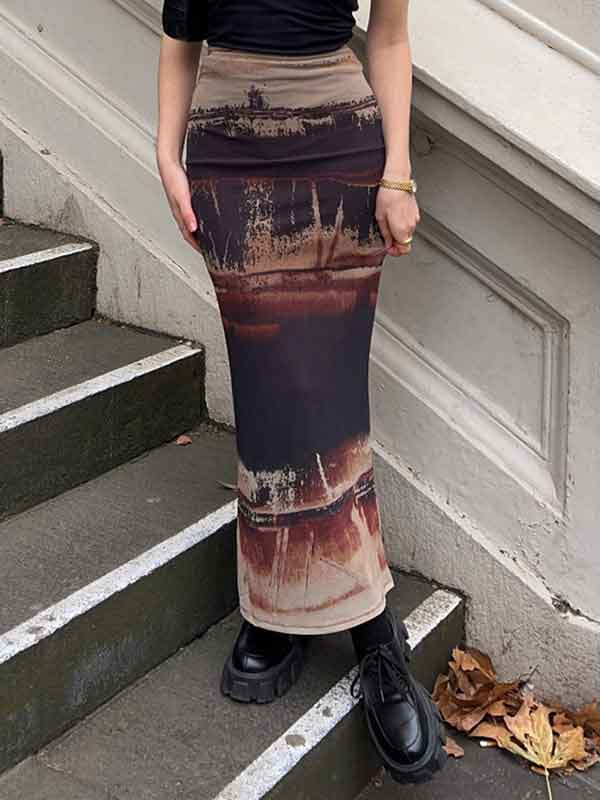 Vintage Printed Elastic Waist Bodycon Skirt -- YKIIY  CLOTHING