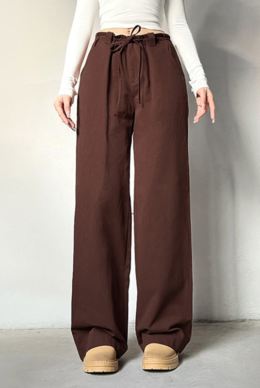 Vintage Plain Elastic Waist Drawstring Pants